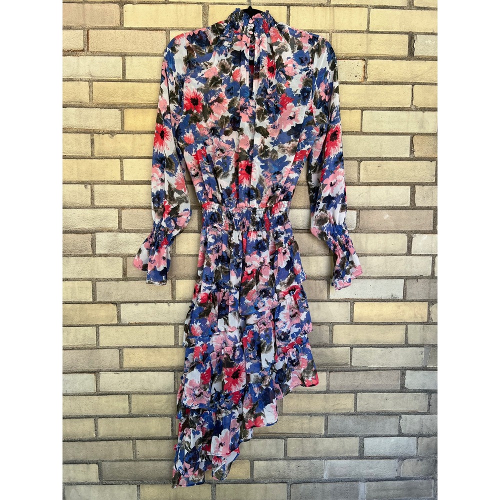Revolve MISA Savanna Floral Smocked Asymmetrical Midi Dress Blue Pink Medium - Picture 7 of 7